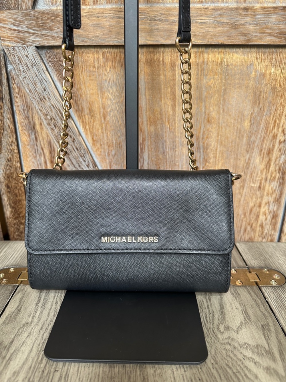 Michael Kors Black Saffiano Leather Crossbody Wallet Clutch with Removable Strap